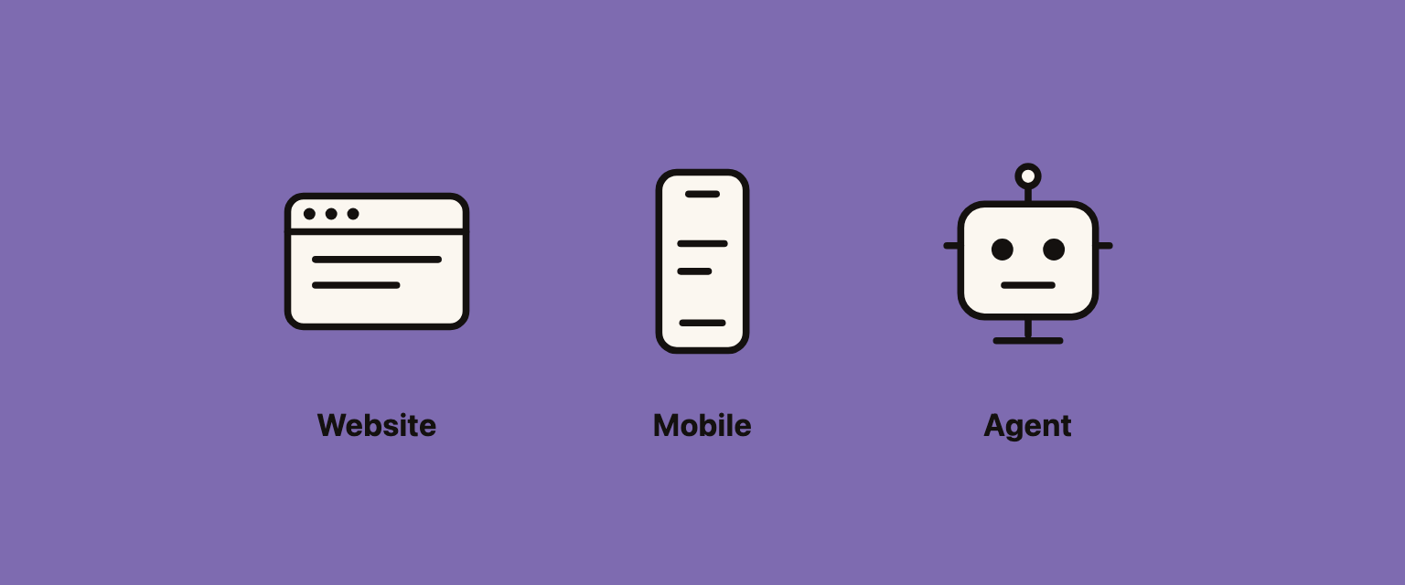 Three interfaces to the same product: a browser window labelled Website, a phone labelled Mobile, and an agent labelled Agent