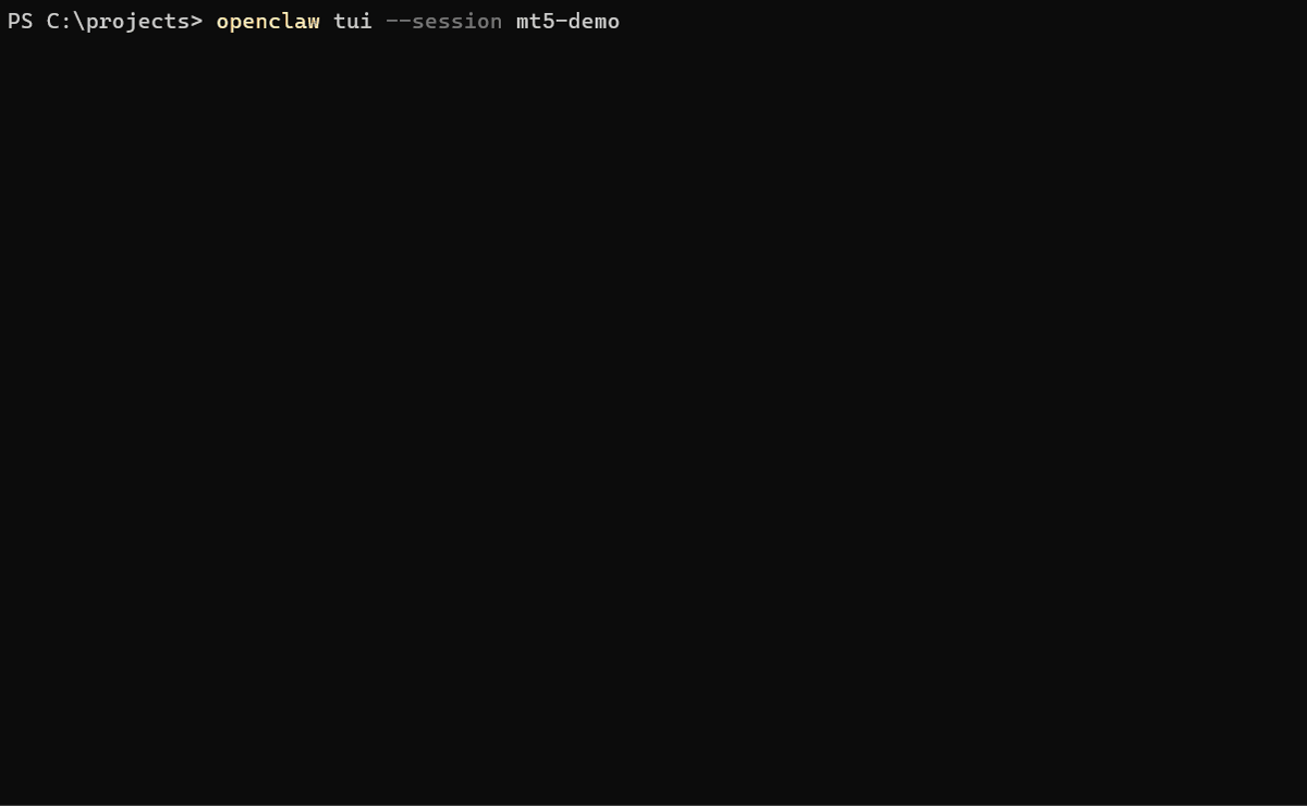 OpenClaw installs mt5-trading-mcp from its GitHub URL on a demo account, then places and closes a 0.01-lot EURUSD.z trade and reports the round-trip P&L